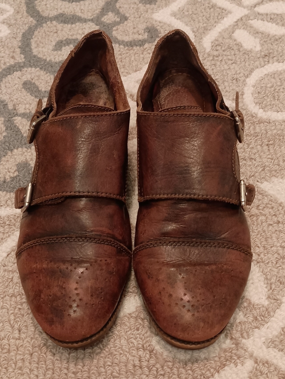 PIKOLINOS Distressed Brown Leather Double Monk Strap Oxfords